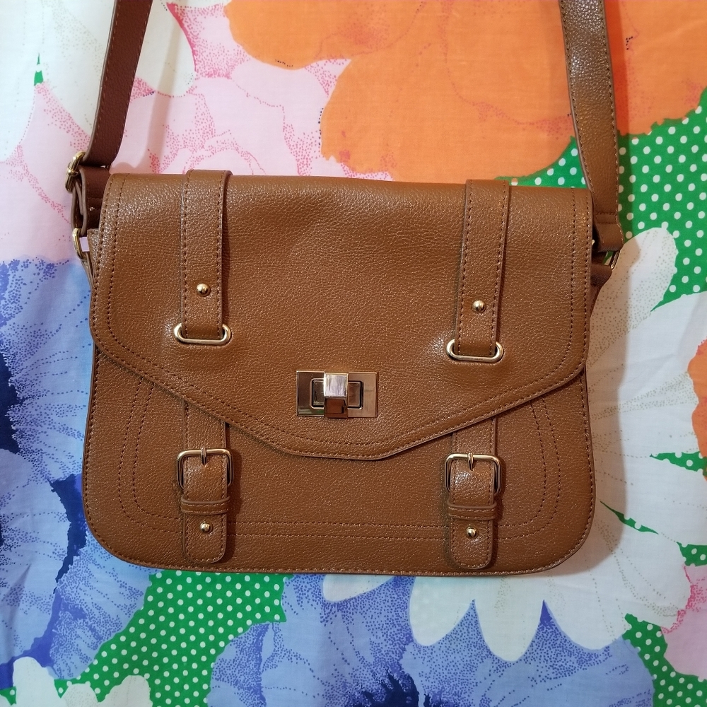 Forever 21 Brown Faux Leather Satchel Messenger Bag Purse Like New